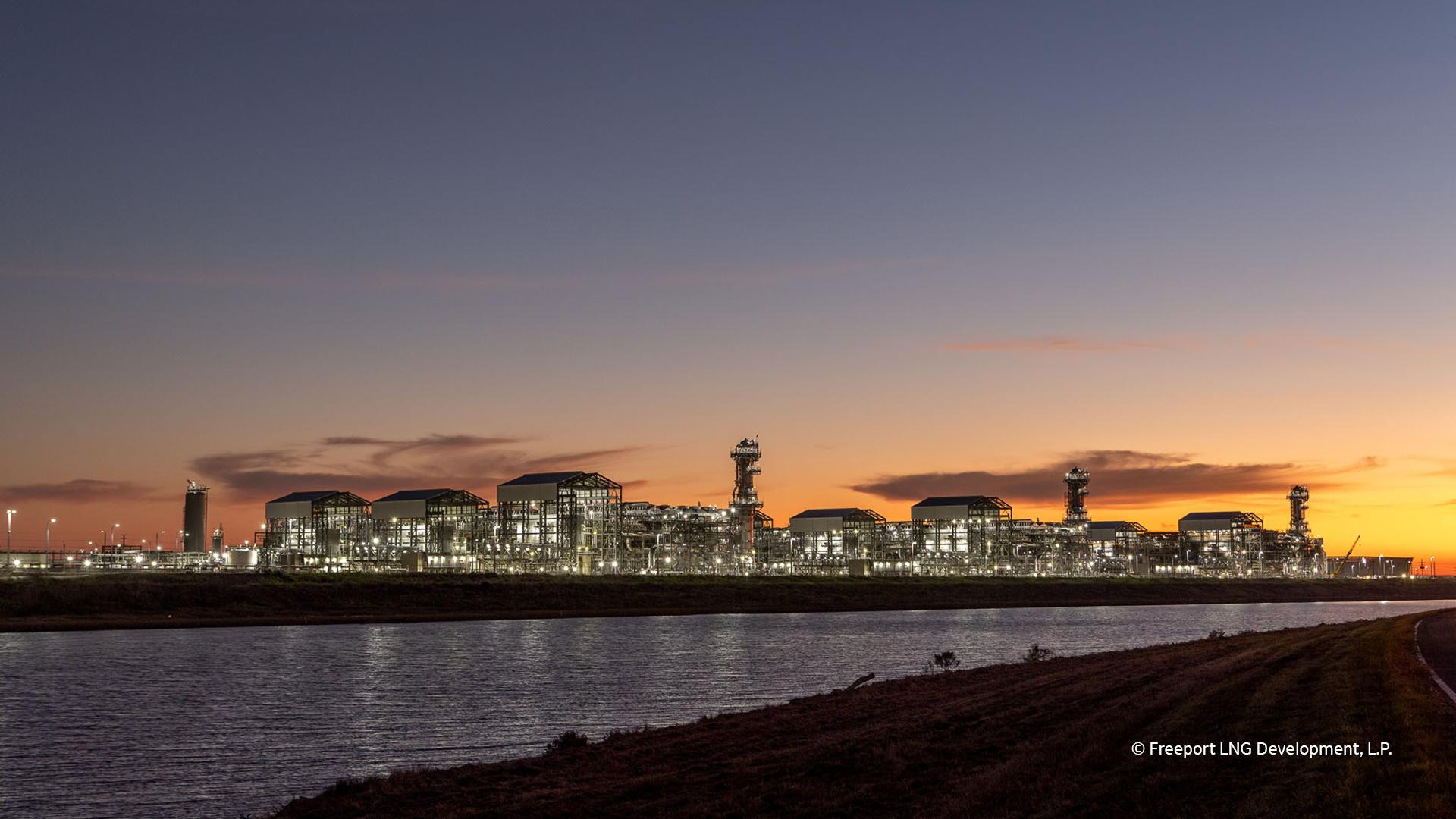 Freeport LNG liquefaction plant at night